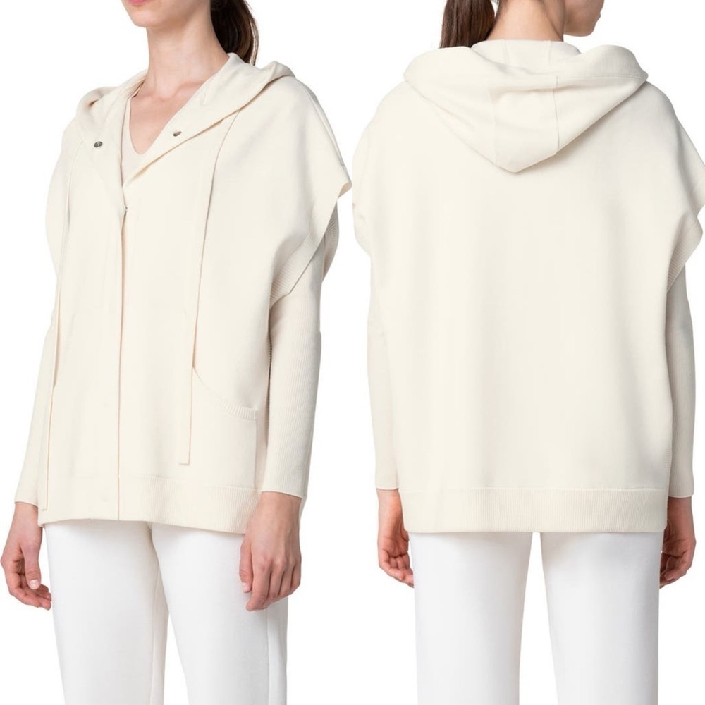 AKRIS Punto Cap Sleeve Merino Wool Snap Front Hooded Sweater